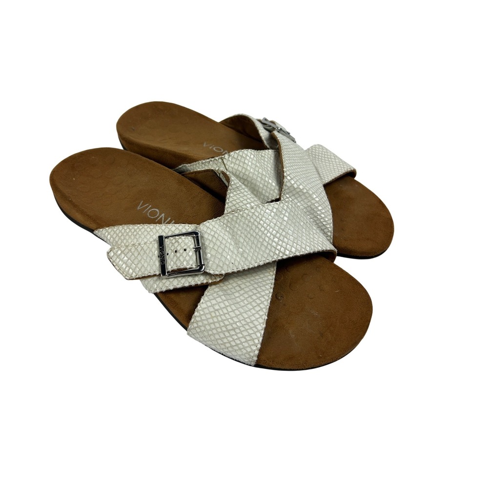 Vionic Marjorie Cream Snakeskin Embossed Buckle Slide Sandals Orthotic Comfort 9
